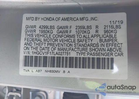 2020 Honda Accord Lx z USA, uszkodzony, nr VIN 1HGCV1F17LA027751